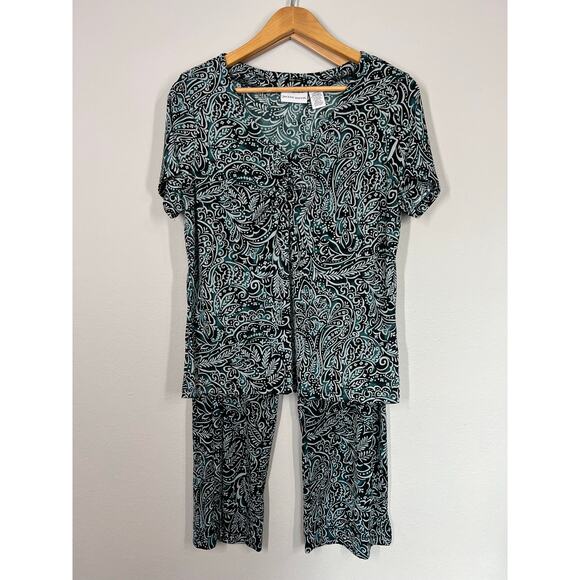 Jaclyn Smith Two Piece Set Short Sleeve Blouse & Wide Leg Pants Green Paisley L - Picture 1 of 5